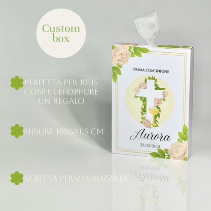 Scatolina Prima Comunione Personalizzata – Box 10×6×1.5 cm con Croce e Fiori – Perfetta per 10/15 Confetti o Regalo