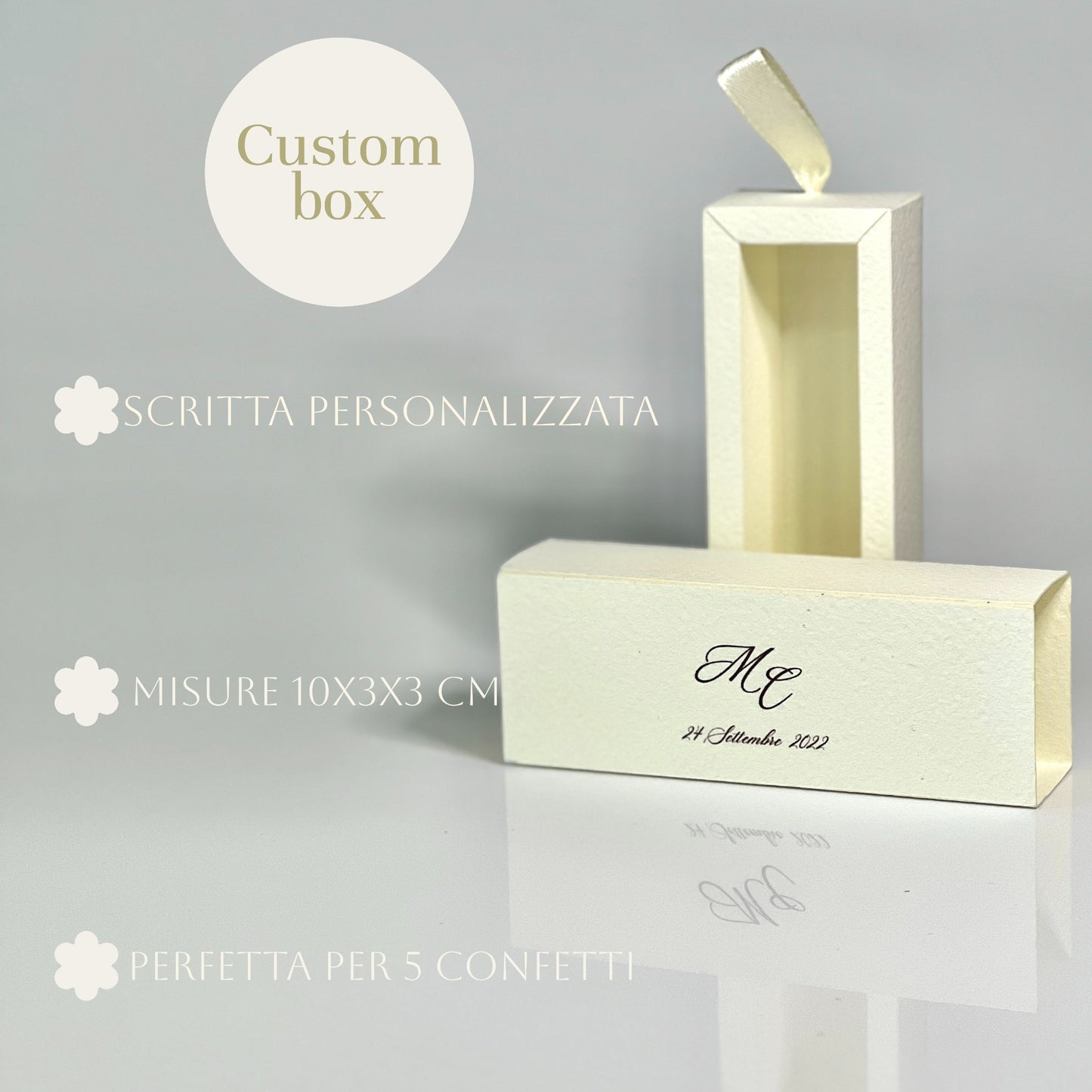 Scatolina Porta Confetti 10x3x3 cm – Cartoncino Martellato Avorio – Personalizzata Fronte/Retro – Bomboniera Matrimonio Elegante