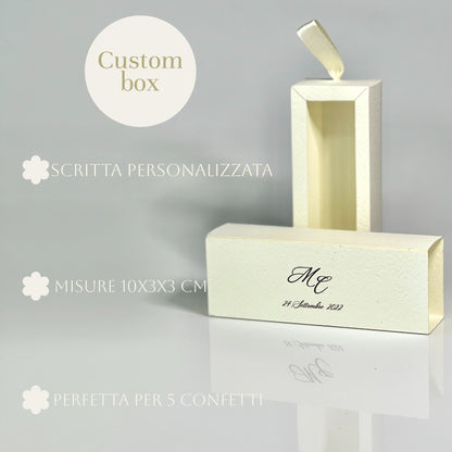 Scatolina Porta Confetti 10x3x3 cm – Cartoncino Martellato Avorio – Personalizzata Fronte/Retro – Bomboniera Matrimonio Elegante