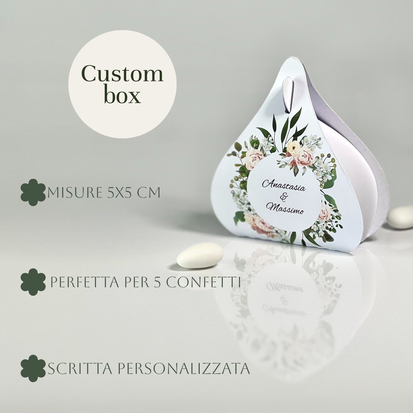 Scatolina Portaconfetti a Goccia – Grafica Floreale Elegante – Personalizzata con Nomi & Data - Bomboniera Matrimonio