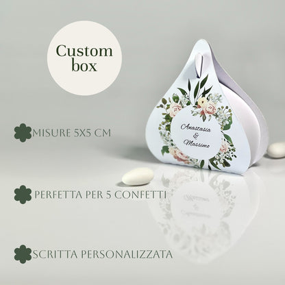 Scatolina Portaconfetti a Goccia – Grafica Floreale Elegante – Personalizzata con Nomi & Data - Bomboniera Matrimonio