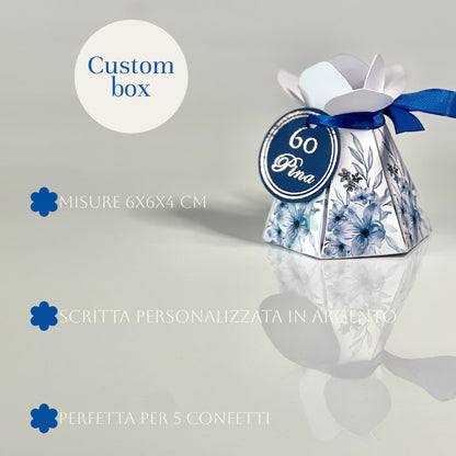Scatolina Floreale a Fiore – Elegante Blu & Argento – Personalizzata per Compleanni, Anniversari ed Eventi - Bomboniera personalizzata