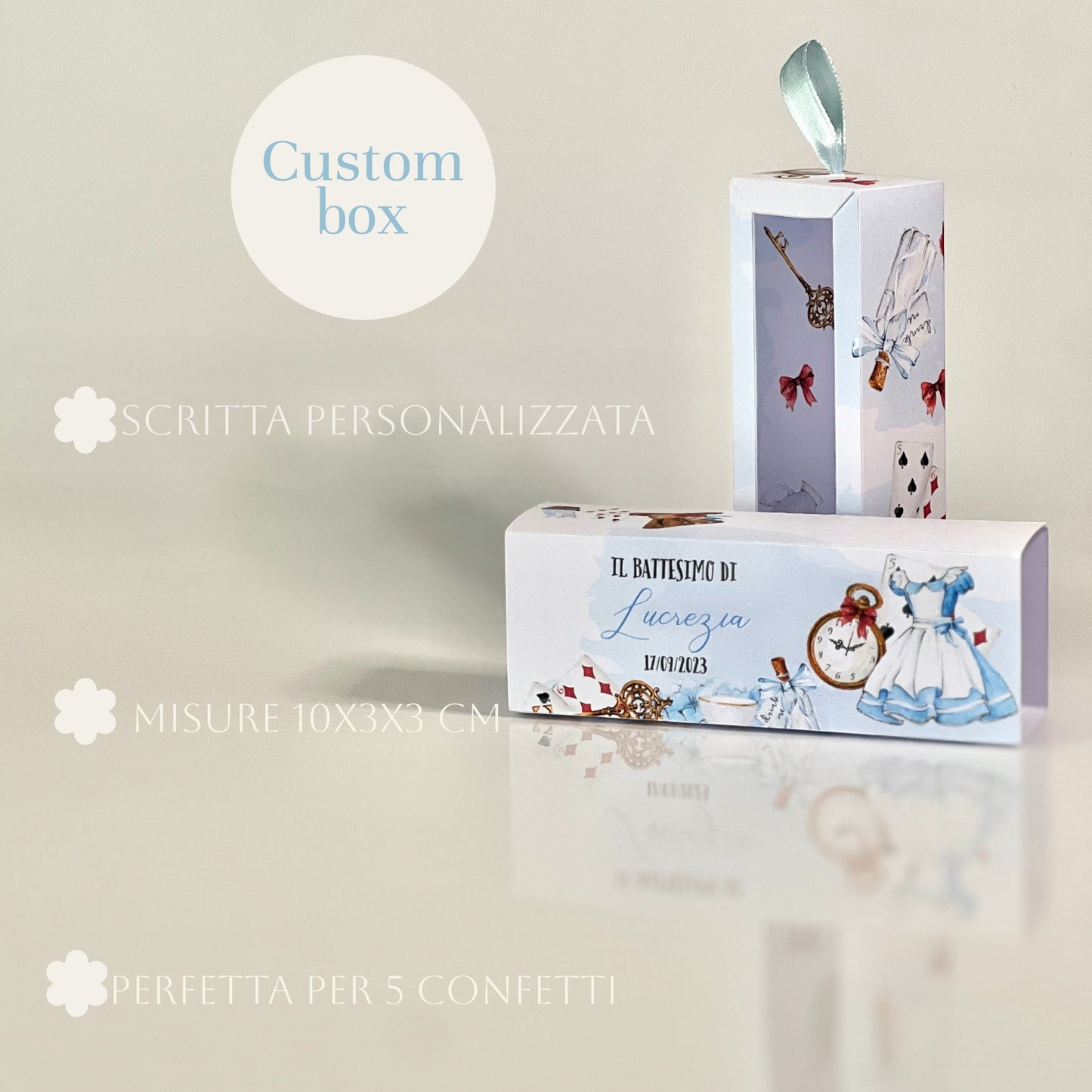 Scatolina a Cassetto Battesimo – Grafica Alice o Floreale Rosa – Personalizzata con Nome & Data - Bomboniera Battesimo