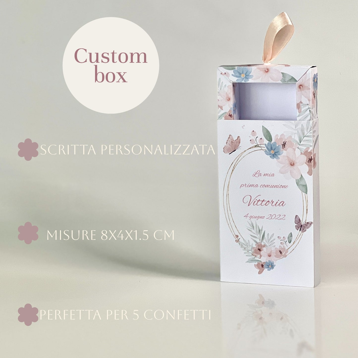 Scatolina Prima Comunione personalizzata – Box con cassetto – 3 grafiche disponibili – Porta confetti elegante - Bomboniera Personalizzata