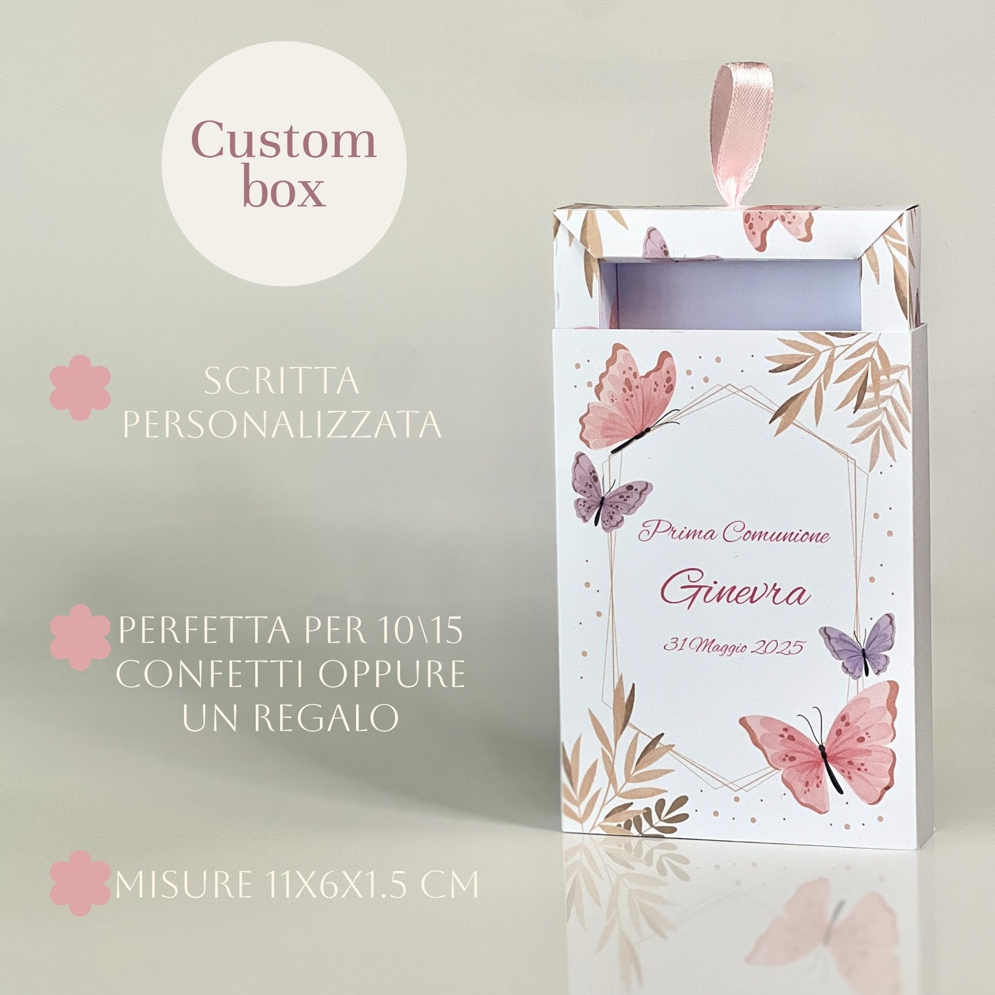 Scatolina Farfalle Rosa con Doppio Scomparto – Prima Comunione / Battesimo – Bomboniera Personalizzata
