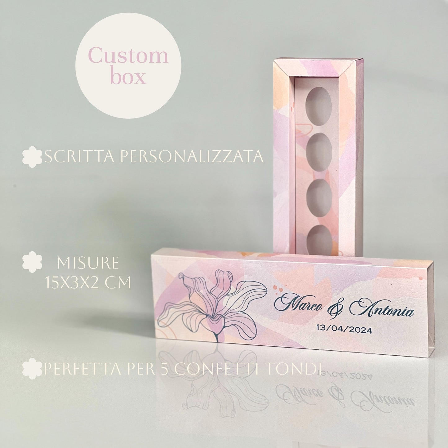 Scatolina Elegante Effetto Pelle – 5 Confetti Tondi – Personalizzata per Matrimonio / Evento - Bomboniera Matrimonio - Carta rilegatura