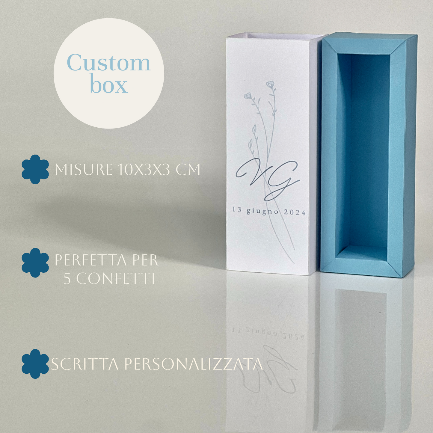 Scatolina Minimal Elegante – Interno Celeste o Grigio Chiaro – Personalizzata per Matrimonio & Eventi - Bomboniera Matrimonio