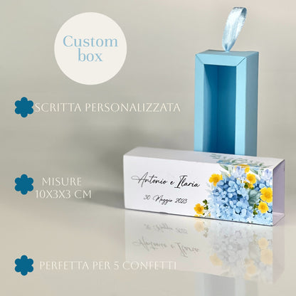 Scatolina Matrimonio a Cassetto Floreale Azzurra – Interno Celeste o Blu – Personalizzata con Nomi & Data - Bomboniera Matrimonio