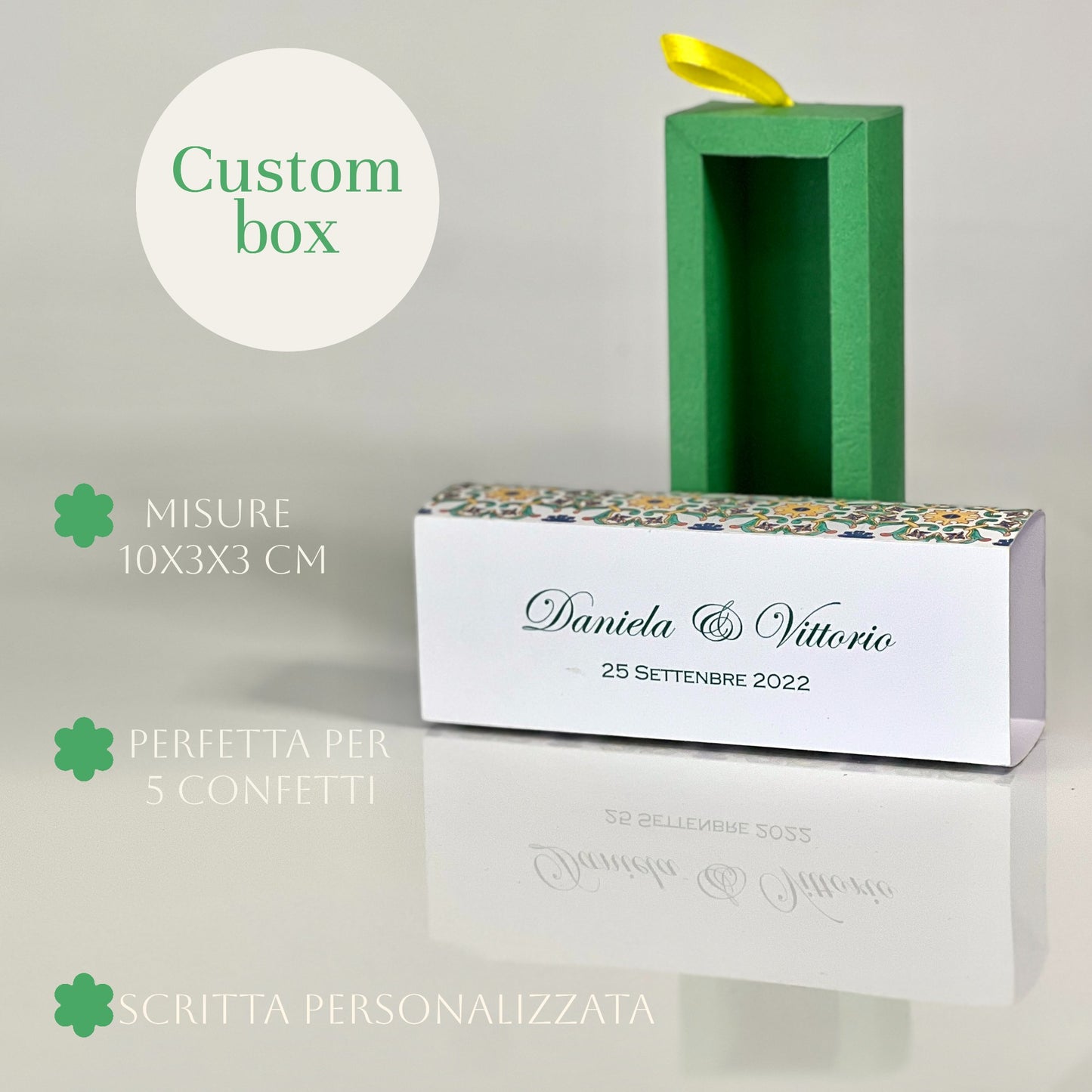 Scatolina a Cassetto Maiolica – Variante Verde o Blu – Personalizzata con Nomi & Data - Bomboniera Matrimonio