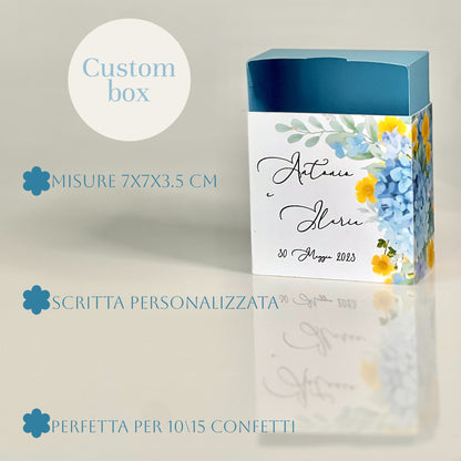 Scatolina con Grafica Floreale – Interno Celeste o Blu – Personalizzata per Matrimonio o Evento - Bomboniera personalizzata