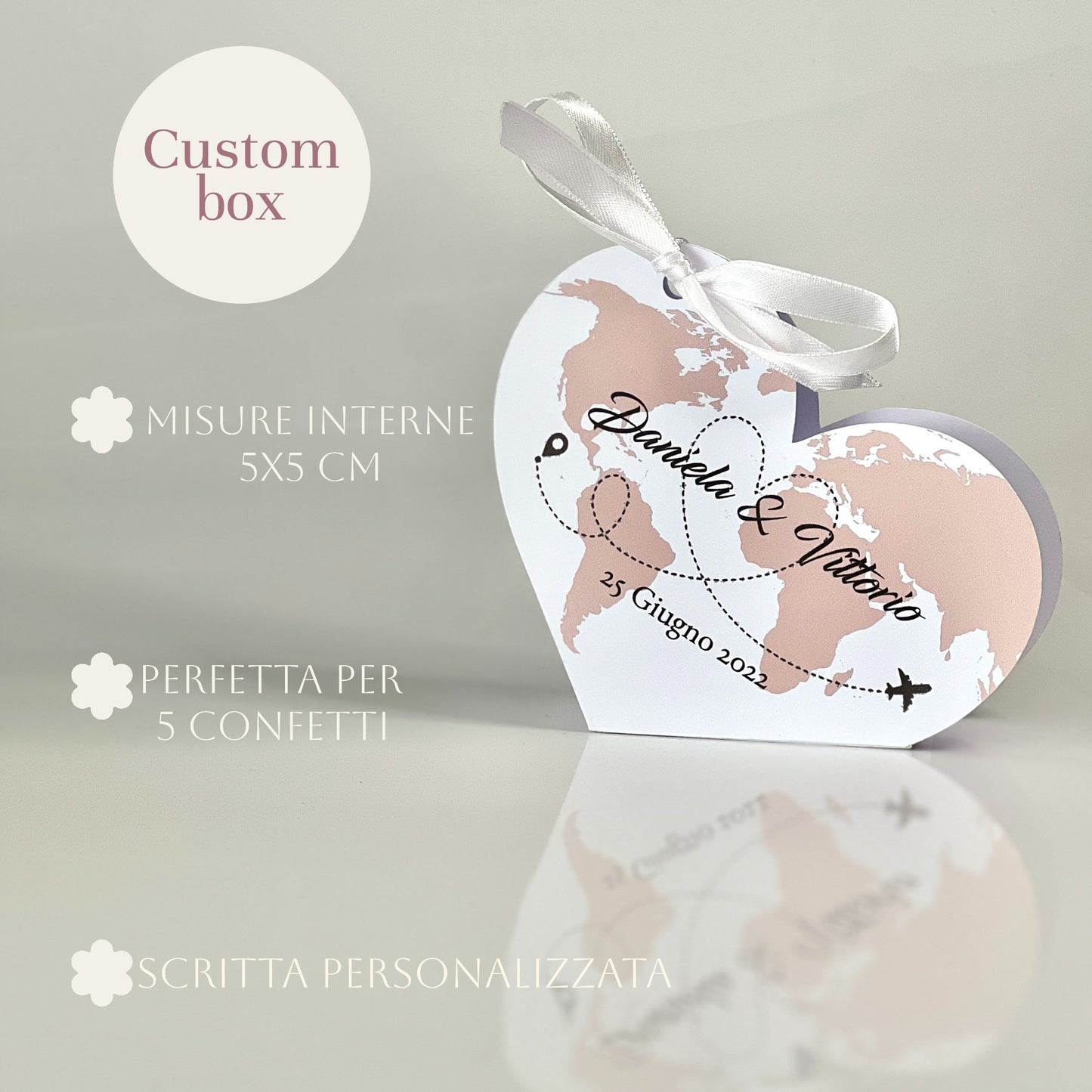 Scatolina Cuore Mappa del Mondo – Bomboniera Viaggio Personalizzata Perfetta per Matrimonio, Anniversario, Wedding Travel Theme