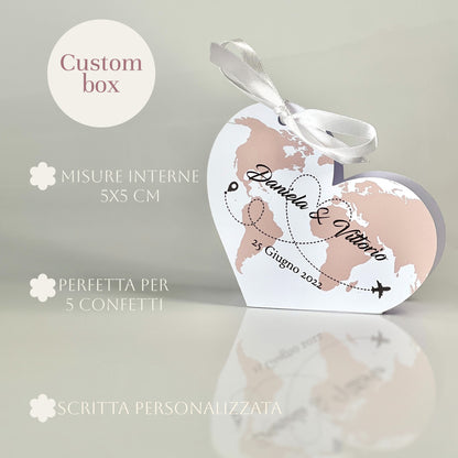 Scatolina Cuore Mappa del Mondo – Bomboniera Viaggio Personalizzata Perfetta per Matrimonio, Anniversario, Wedding Travel Theme