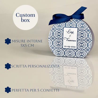 Scatolina Rotonda Maiolica – Variante Blu o Giallo/Blu – Personalizzata per Matrimonio & Eventi - Bomboniera Maioliche personalizzata
