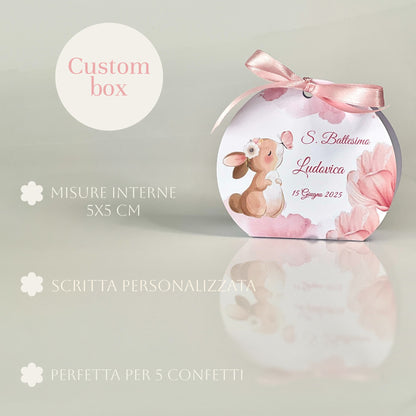 Scatolina Battesimo Rosa – Bomboniera Personalizzata con Coniglietta o Orsetto Perfetta per 5 Confetti - Porta confetti Rotonda rosa