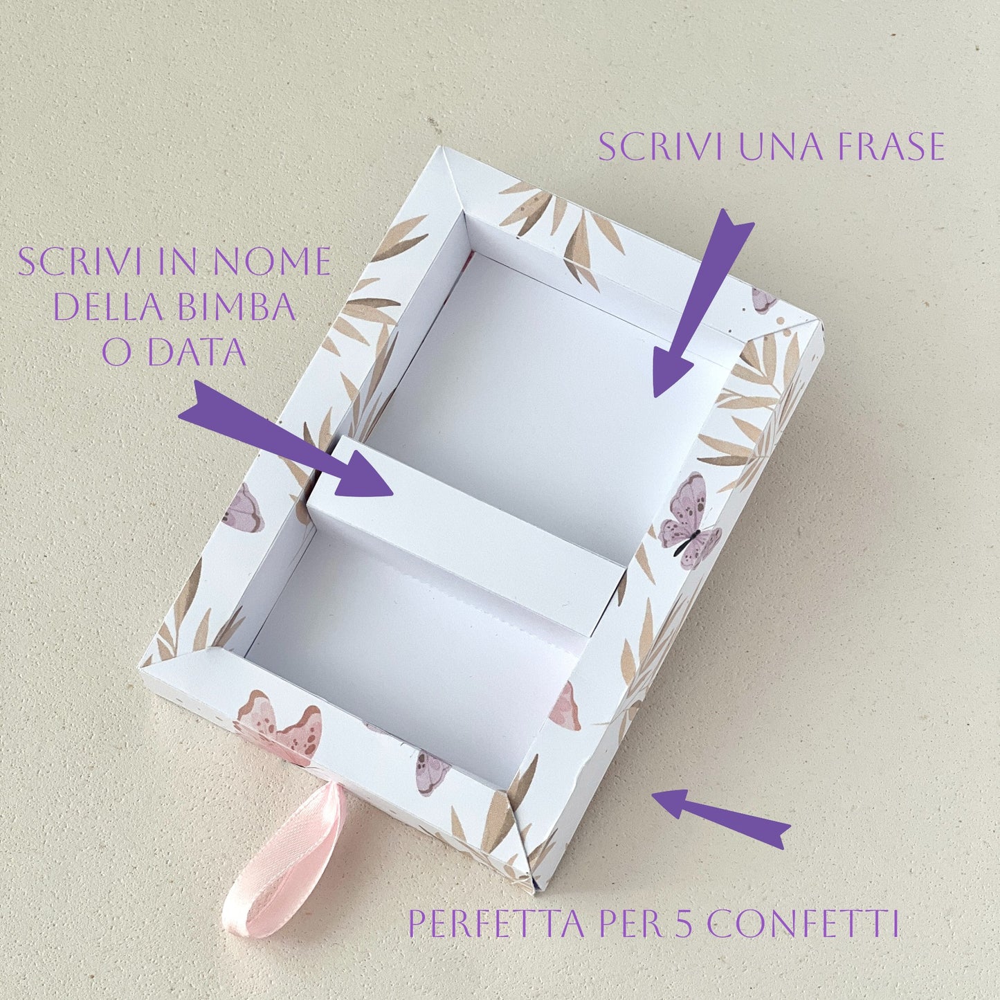 Scatolina Farfalle Rosa con Doppio Scomparto – Prima Comunione / Battesimo – Bomboniera Personalizzata