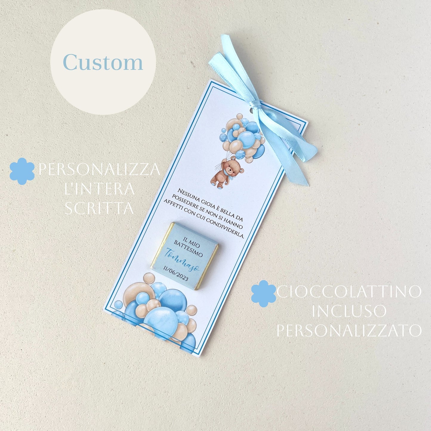 Segnaposto Battesimo con Cioccolatino – Orsetto & Palloncini – Personalizzato con Nome, Data e Frase