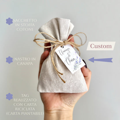 Sacchetto Bomboniera in Stoffa con Tag in Carta Piantabile – Personalizzato – Nastro in Canapa – Matrimonio Eco Chic
