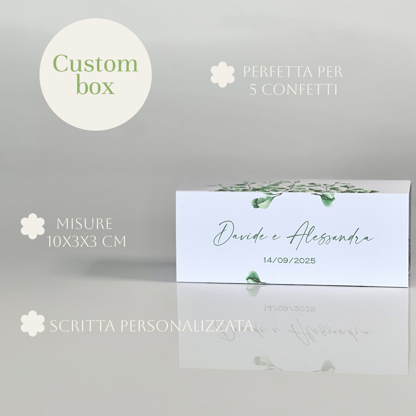 Scatolina Matrimonio Green Sage – 10×3×3 cm Interno in Cartoncino Riciclato Verde Salvia | Personalizzata | Bomboniera Personalizzata