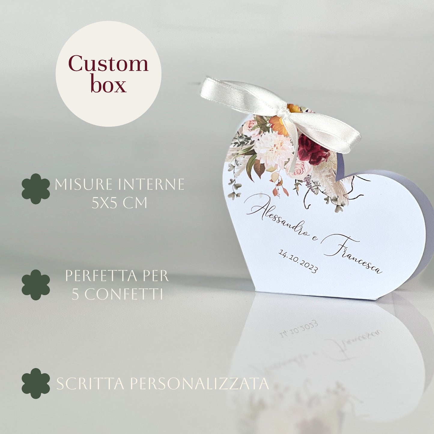 Scatolina Cuore Matrimonio – 5×5 cm Grafica Floreale Boho | Perfetta per 5 Confetti | Personalizzata con Nomi & Data - Bomboniera Matrimonio
