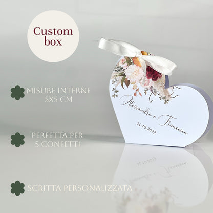 Scatolina Cuore Matrimonio – 5×5 cm Grafica Floreale Boho | Perfetta per 5 Confetti | Personalizzata con Nomi & Data - Bomboniera Matrimonio