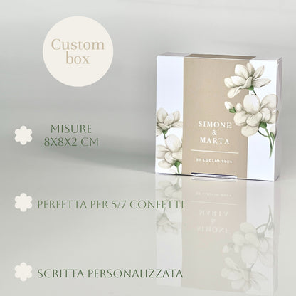 Scatolina Matrimonio Magnolia – Elegante 8×8×2 cm Personalizzata | Perfetta per 5/7 Confetti | Stile Minimal Chic -Bomboniera Personalizzat