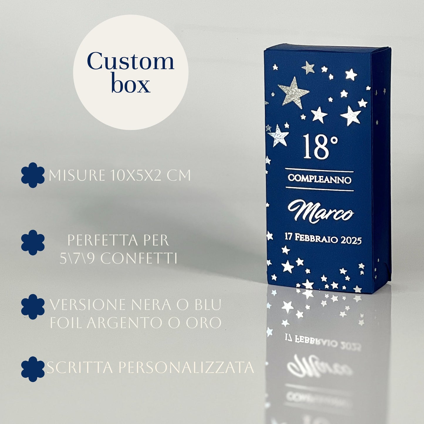 Scatolina 18 Compleanno – Elegante con Stelle Foil Oro/Argento Versione Blu o Nera | Personalizzabile | Bomboniera Compleanno