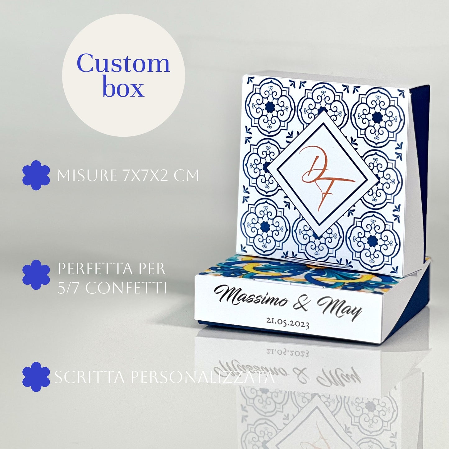 Scatolina Maioliche quadrata 2 Varianti Mediterranee | Perfetta per 5/7 Confetti | Personalizzata con Nomi & Data - Bomboniera Matrimonio