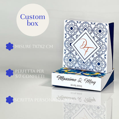 Scatolina Maioliche quadrata 2 Varianti Mediterranee | Perfetta per 5/7 Confetti | Personalizzata con Nomi & Data - Bomboniera Matrimonio