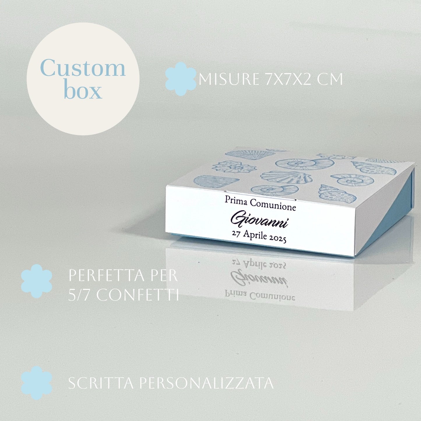 Scatolina Prima Comunione Tema Mare Conchiglie Azzurre – Personalizzata | 7×7×2 cm | Perfetta per 5/7 Confetti - Bomboniera Personalizzata