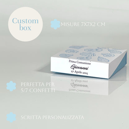 Scatolina Prima Comunione Tema Mare Conchiglie Azzurre – Personalizzata | 7×7×2 cm | Perfetta per 5/7 Confetti - Bomboniera Personalizzata