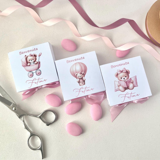 Scatoline nascita bimba porta confetti | Bomboniere rosa con fiocco e orsetto | Baby girl favor box handmade in Italy