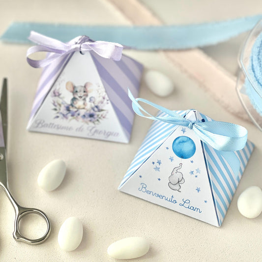 Scatoline porta confetti piramide | Bomboniere nascita o battesimo personalizzate bimbo e bimba | Favor box handmade in Italy