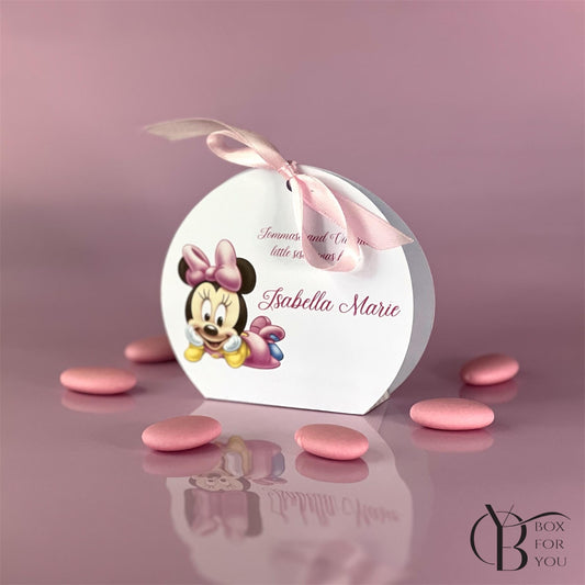 Scatoline nascita bimba personalizzate | Bomboniere rosa con fiocco e grafica topolina baby | Baby girl favor box handmade in Italy
