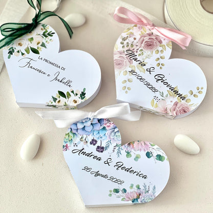 Scatolina Portaconfetti Cuore Matrimonio Personalizzata • Bomboniera Sposi • 5 Grafiche Floreali • Fiocco in Raso • Per 5 Confetti