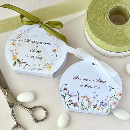Scatolina Portaconfetti Rotonda Matrimonio Personalizzata Floreale Giallo o Colorato • Bomboniera Sposi • Fiocco in Raso •