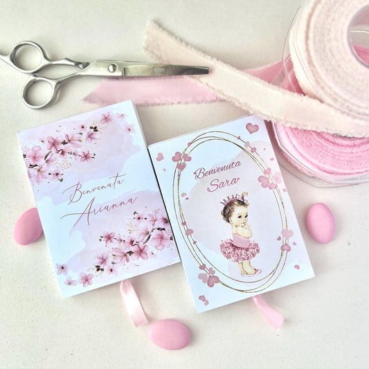 Scatoline porta confetti nascita bimba | Bomboniere rosa personalizzate con fiori o bimba | Baby girl favor box handmade in Italy
