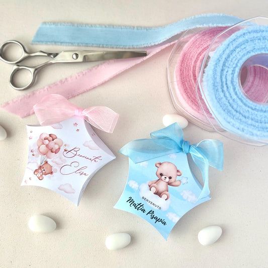 Scatoline porta confetti nascita bimba e bimbo | Bomboniere orsetto personalizzate con fiocco | Favor box handmade in Italy