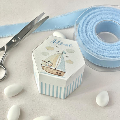 Scatolina porta confetti barca a vela | Bomboniera nascita bimbo personalizzata orsetto azzurro | Favor box handmade in Italy