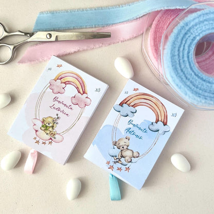 Scatolina porta confetti arcobaleno | Bomboniera nascita bimbo o bimba personalizzata con orsetto | Favor box handmade in Italy