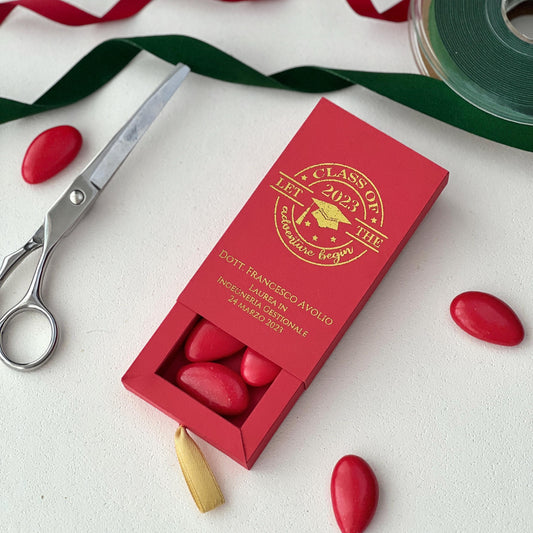 Scatolina Laurea Personalizzata a Cassetto • Rosso con Scritta Oro • Bomboniera Elegante • Portaconfetti 5/7 • Made in Italy