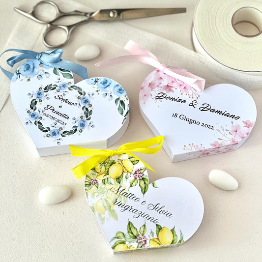 Scatolina Portaconfetti Cuore Personalizzata • Bomboniera Matrimonio/Comunione/Battesimo • 5 Grafica Florali • Fiocco in Raso • 5 Confetti