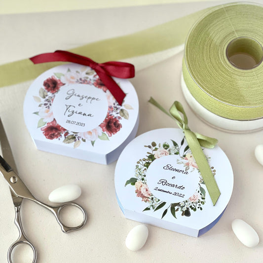 Scatolina Portaconfetti Rotonda Matrimonio Personalizzata | Bomboniere moderne personalizzate | Simple wedding favor box made in Italy