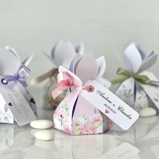 Scatolina Portaconfetti Petalo Matrimonio Personalizzata • Bomboniera Elegante con Fiocco • 5/7 Confetti • 4 Varianti Colore