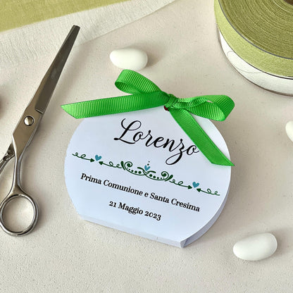 Scatolina Portaconfetti Rotonda Prima Comunione e Cresima Personalizzata • Bomboniera Verde con Fiocco in Raso • 5 Confetti