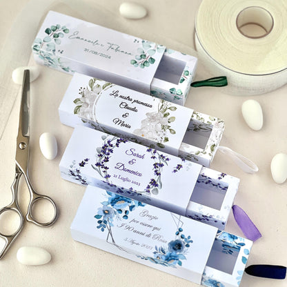 Scatolina Porta Confetti Fiammifero Personalizzata – 4 Grafiche Floreali – Bomboniera Matrimonio/Promessa – Nastro in Raso – Custom Box