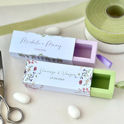 Scatolina Porta Confetti Personalizzata – 2 Grafiche Floreali – Bomboniera Matrimonio / Promessa / Evento – Custom Box con Nastro