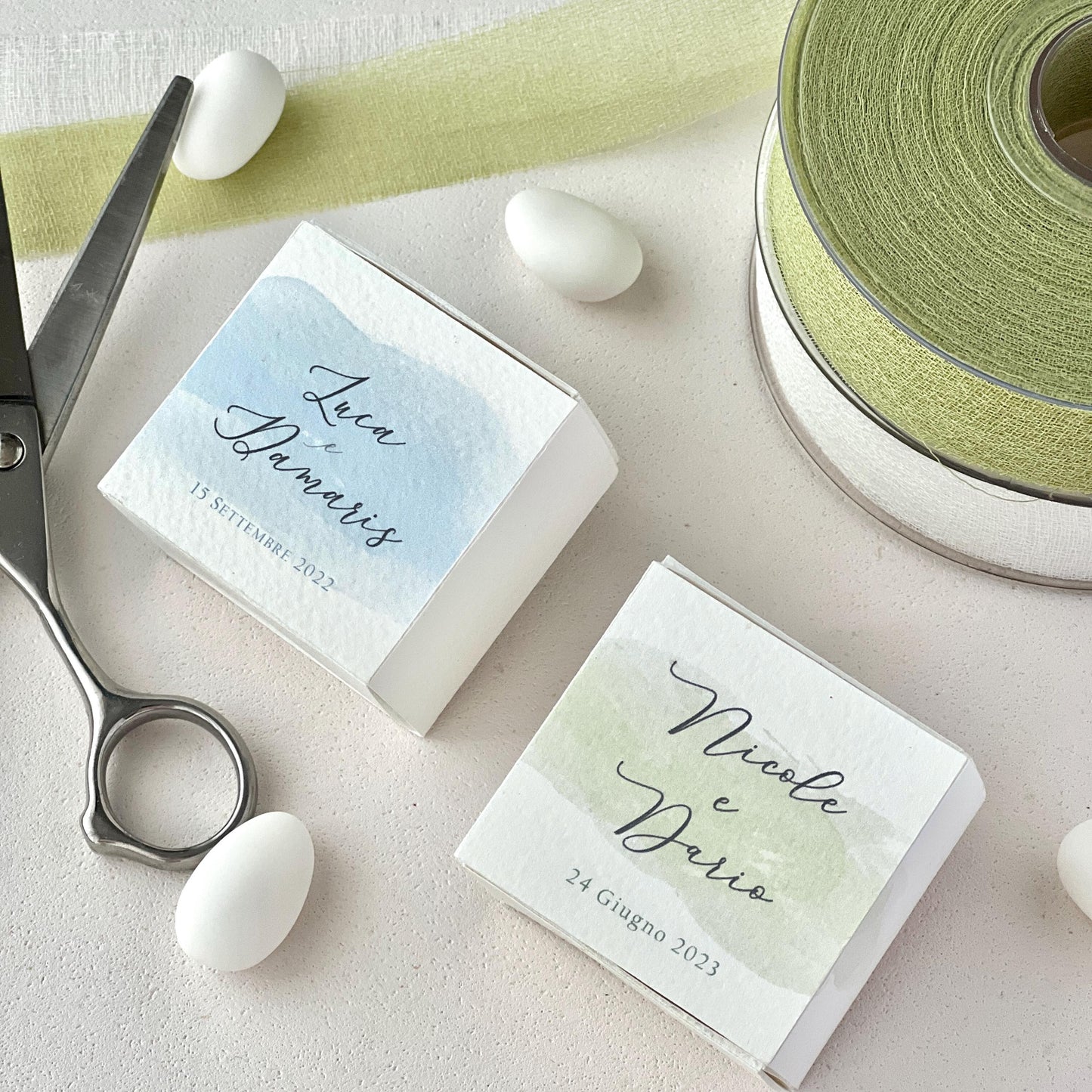 Scatolina Porta Riso/Confetti Avorio – Grafica Acquerello Verde o Celeste – Personalizzata per Matrimonio