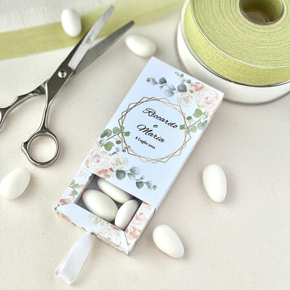 Scatolina Portaconfetti con Finestra – Grafica Floreale Elegante – Personalizzata con Nomi & Data