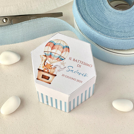 Scatolina Esagonale Battesimo – Mongolfiera & Animali Baby – Personalizzata con Nome e Data