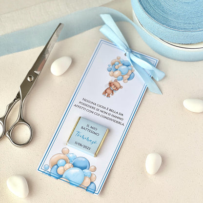 Segnaposto Battesimo con Cioccolatino – Orsetto & Palloncini – Personalizzato con Nome, Data e Frase